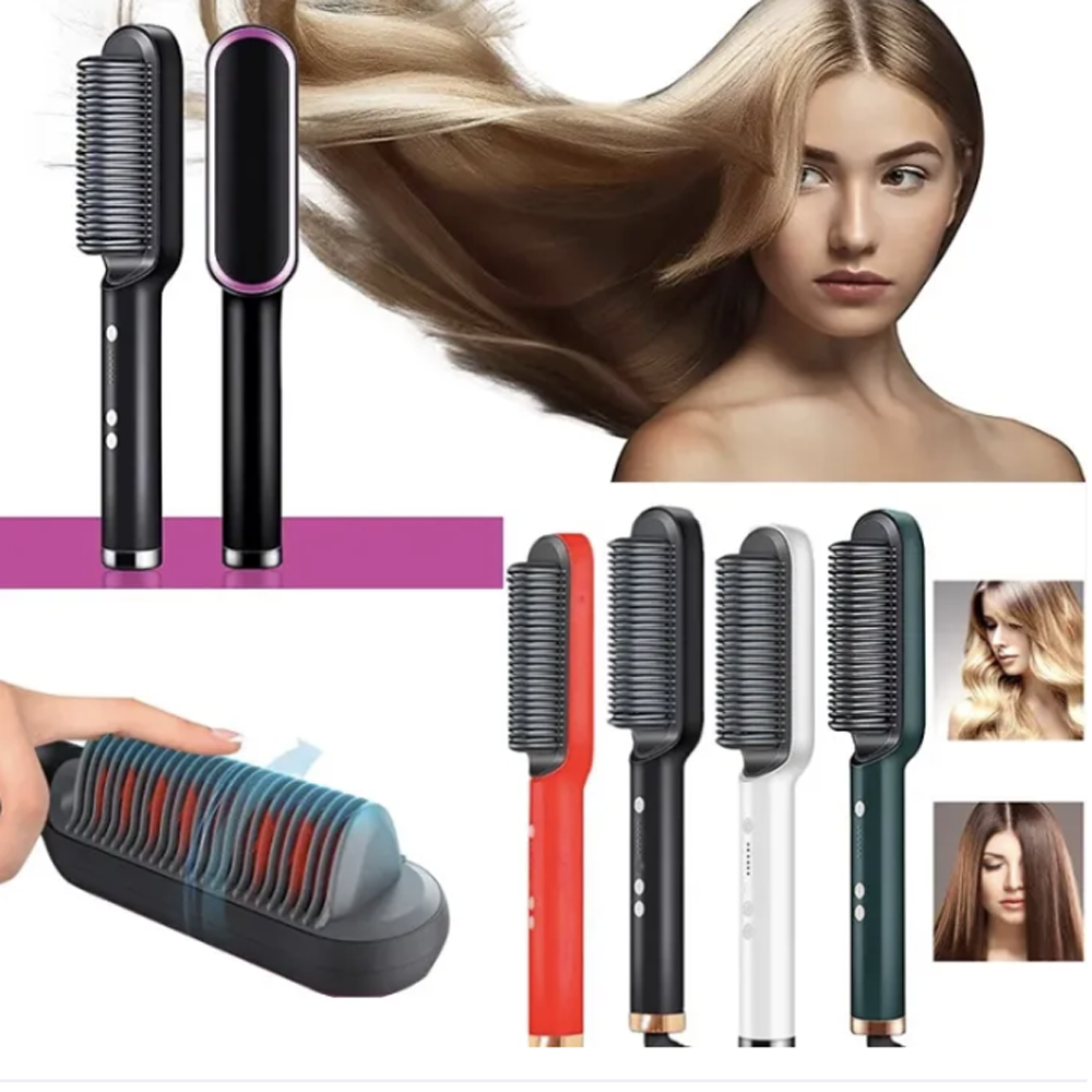 Hair Straightener & Curling Brush 2 in 1 with quick heating & anti scald design