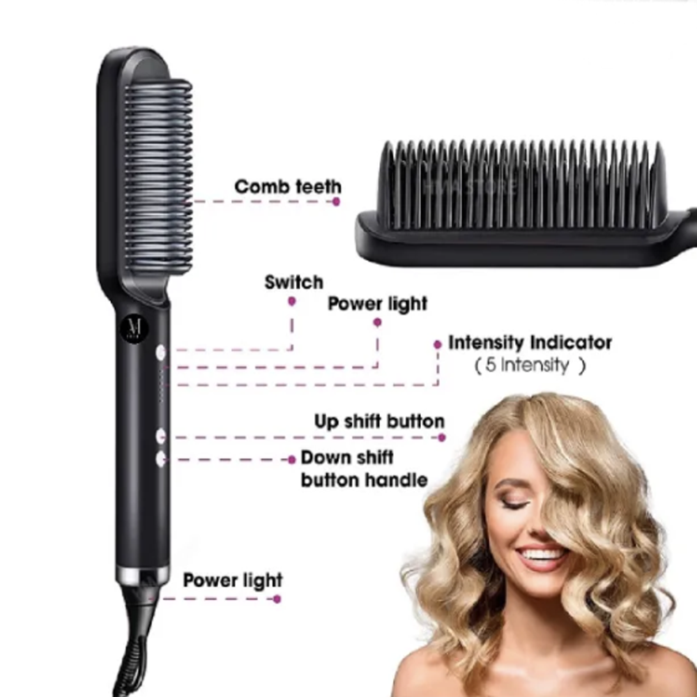 Hair Straightener & Curling Brush 2 in 1 with quick heating & anti scald design