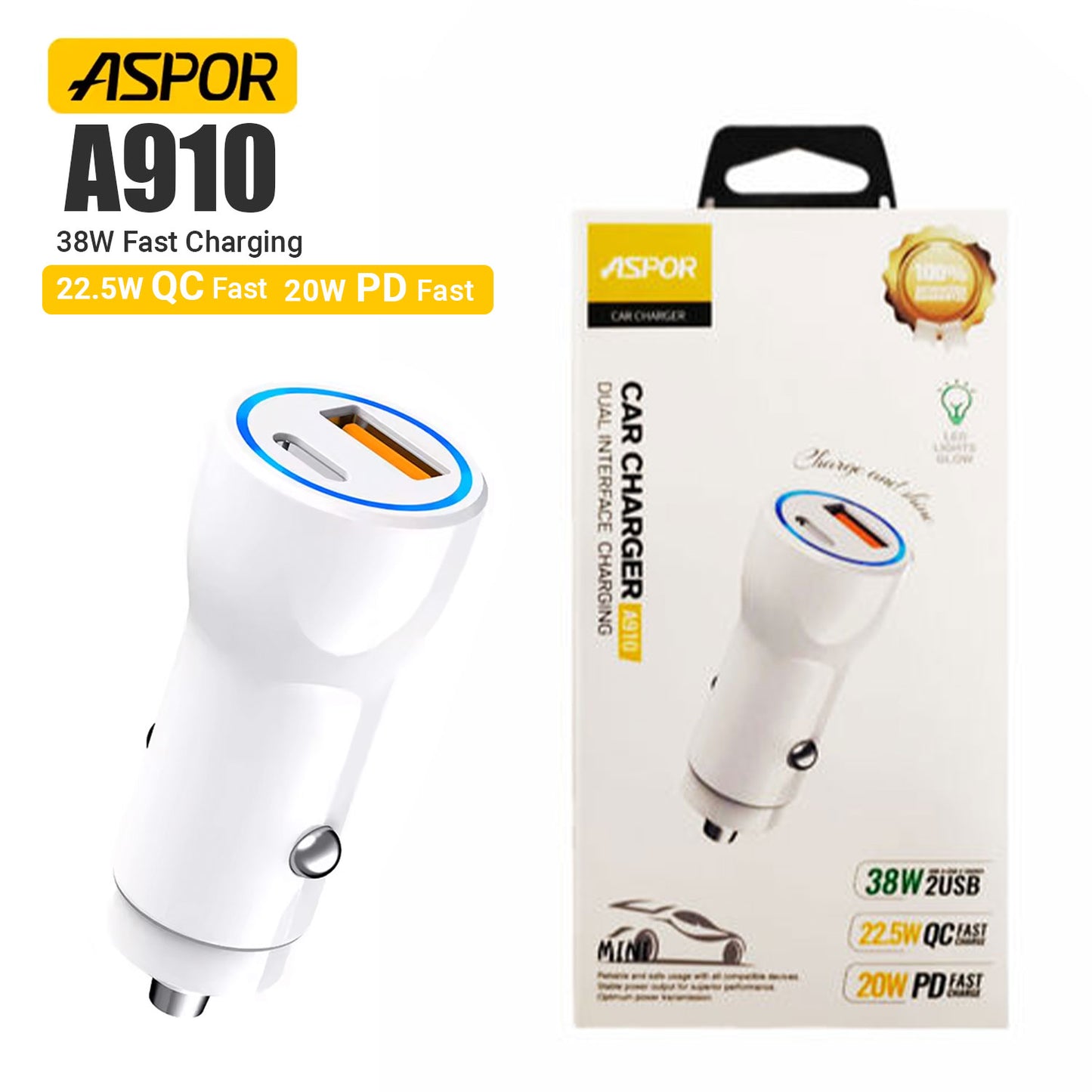 ASPOR A910 FAST CAR CHARGER QC 3.0 DUAL ALUMINUM METAL 38W PD