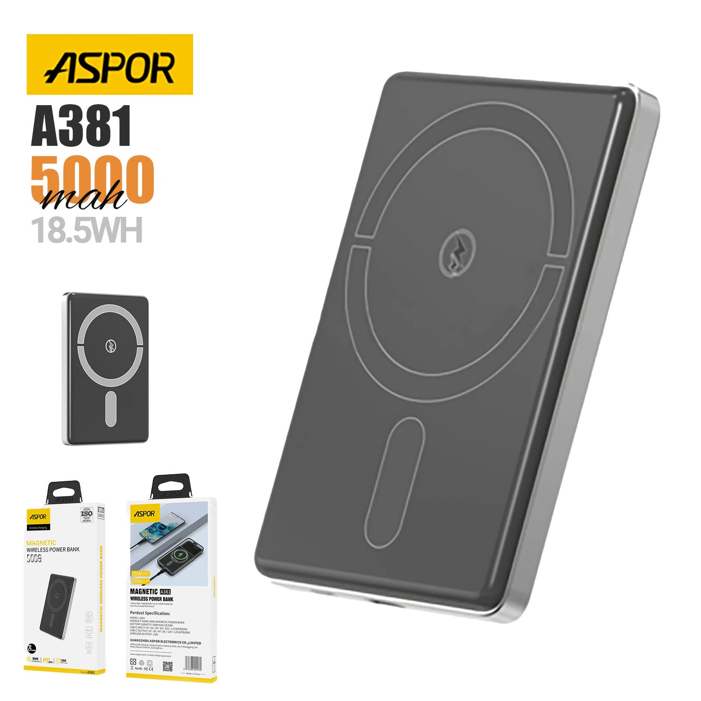 Aspor A381 Magnetic 5000mah Wireless Power Bank