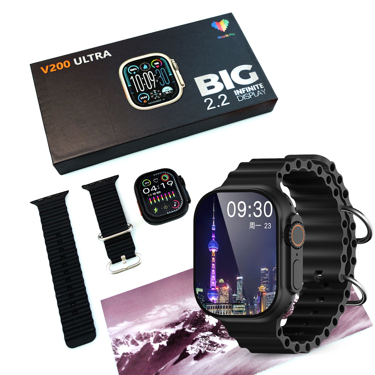 V200 NEW FASHION ULTRA 2.2 LARGE SCREEN IP68 WATERPROOF SPORT SMART WATCH WITH WearFit Pro APP BLACK