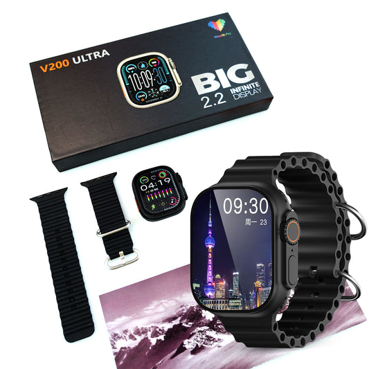 V200 NEW FASHION ULTRA 2.2 LARGE SCREEN IP68 WATERPROOF SPORT SMART WATCH WITH WearFit Pro APP BLACK